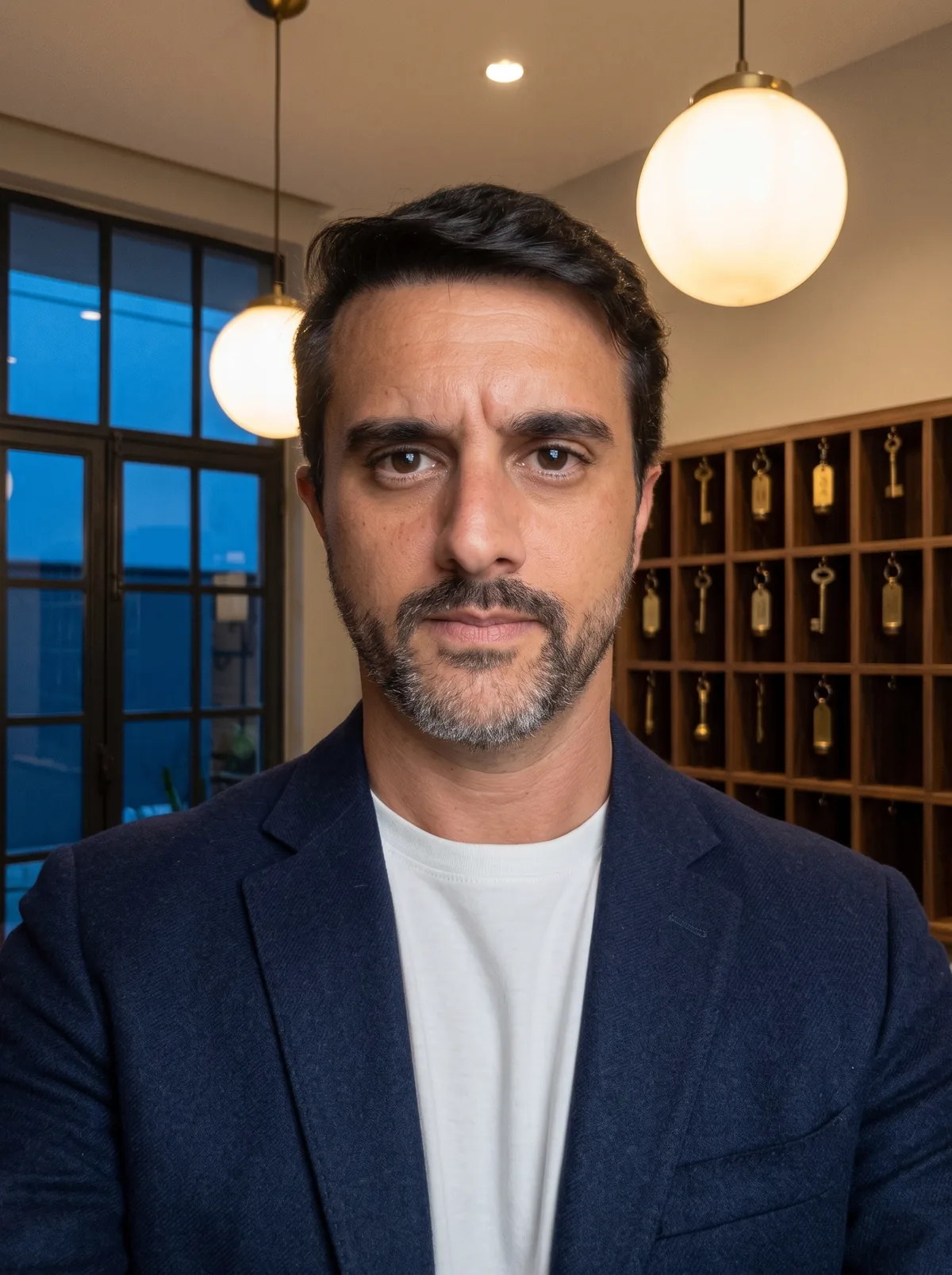 Felipe Lagreca de blazer azul-marinho, na recepção de um hotel